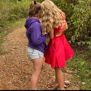 bright red dillard’s hoco dress